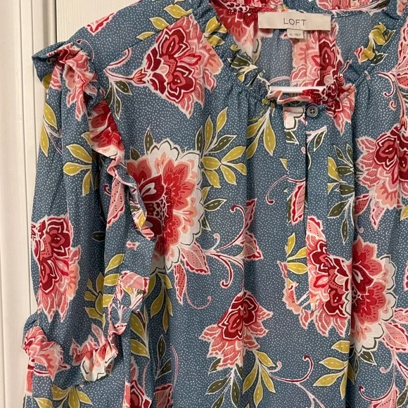 LOFT Floral Ruffle Blouse - Blue and Red - Picture 4 of 4